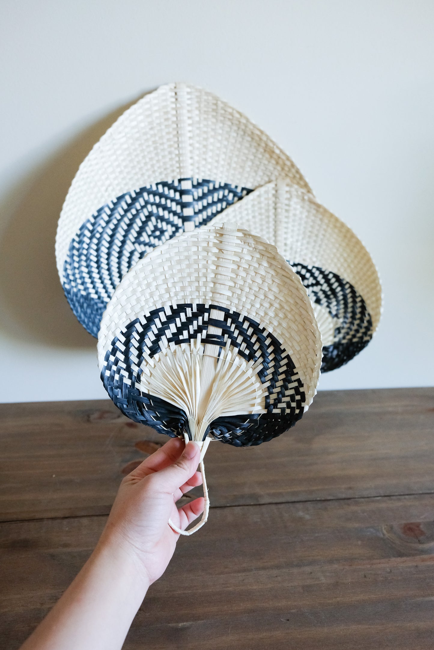 Handwoven Straw Fan - black and white